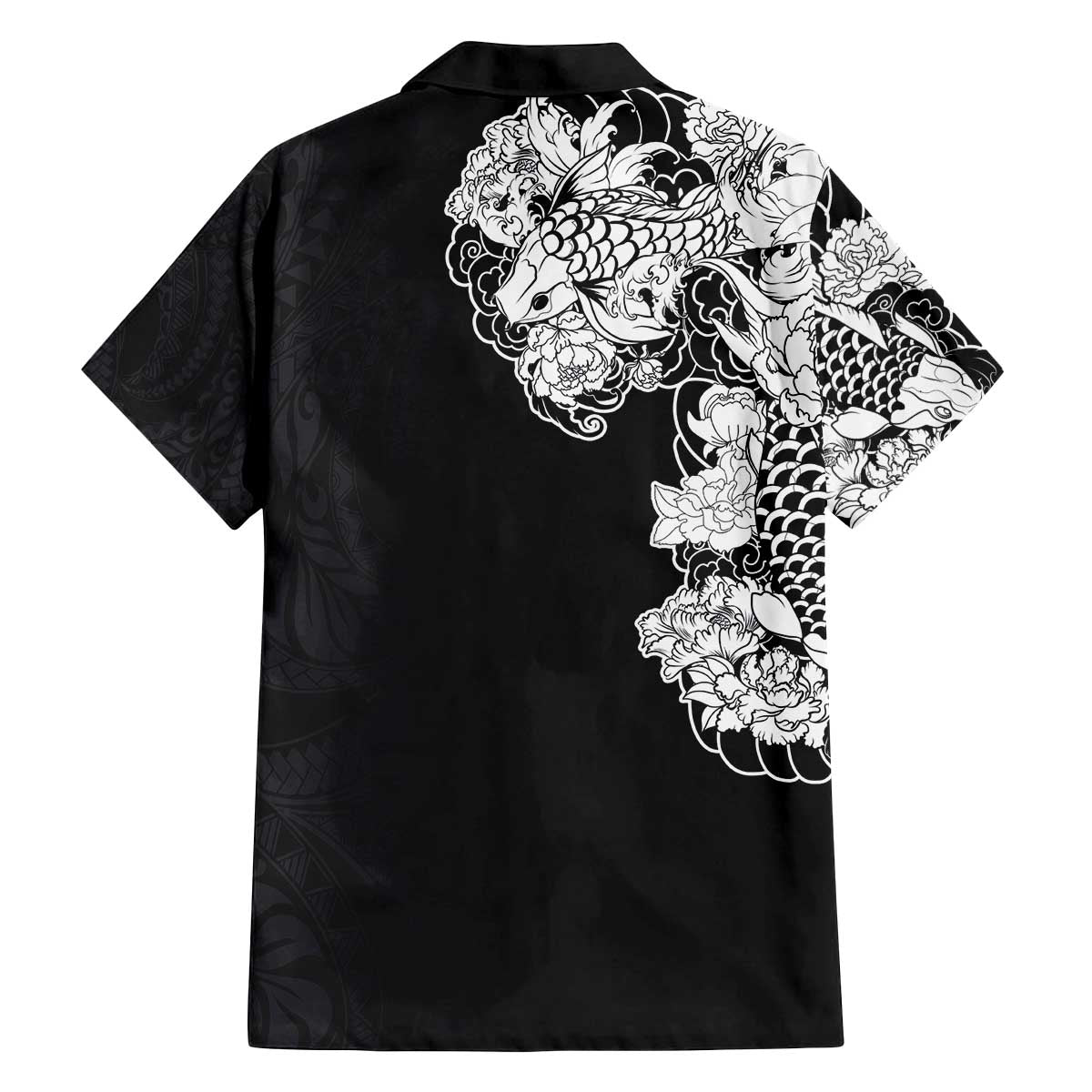 Hawaiian and Japanese Together Family Matching Off Shoulder Short Dress and Hawaiian Shirt Japanese Koi Fish Tattoo and Kakau Pattern Black Color LT03 - Polynesian Pride