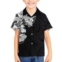 Hawaiian and Japanese Together Family Matching Off Shoulder Short Dress and Hawaiian Shirt Japanese Koi Fish Tattoo and Kakau Pattern Black Color LT03 Son's Shirt Black - Polynesian Pride