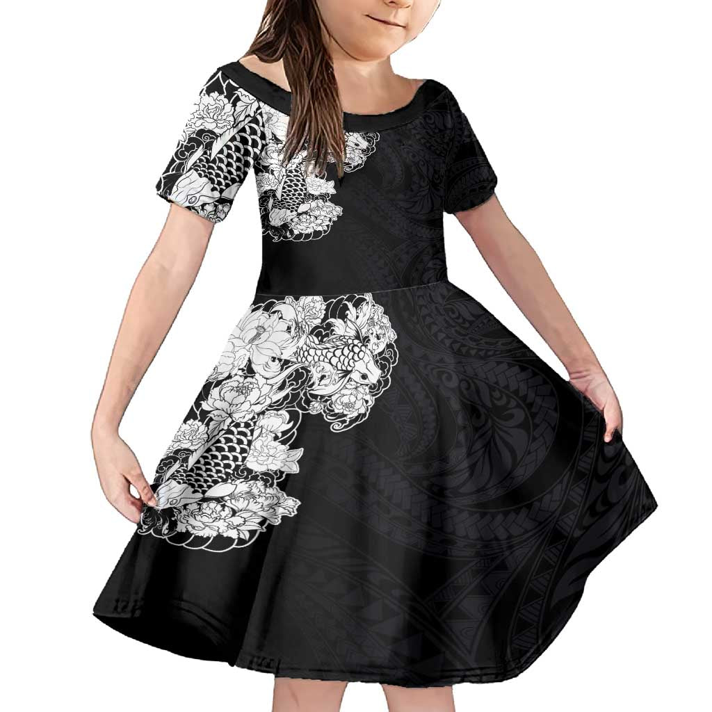 Hawaiian and Japanese Together Family Matching Summer Maxi Dress and Hawaiian Shirt Japanese Koi Fish Tattoo and Kakau Pattern Black Color LT03 Daughter's Dress Black - Polynesian Pride