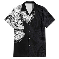 Hawaiian and Japanese Together Family Matching Summer Maxi Dress and Hawaiian Shirt Japanese Koi Fish Tattoo and Kakau Pattern Black Color LT03 Dad's Shirt - Short Sleeve Black - Polynesian Pride