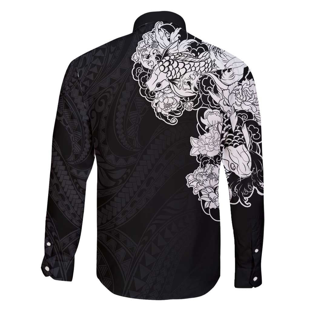 Hawaiian and Japanese Together Family Matching Summer Maxi Dress and Hawaiian Shirt Japanese Koi Fish Tattoo and Kakau Pattern Black Color LT03 - Polynesian Pride