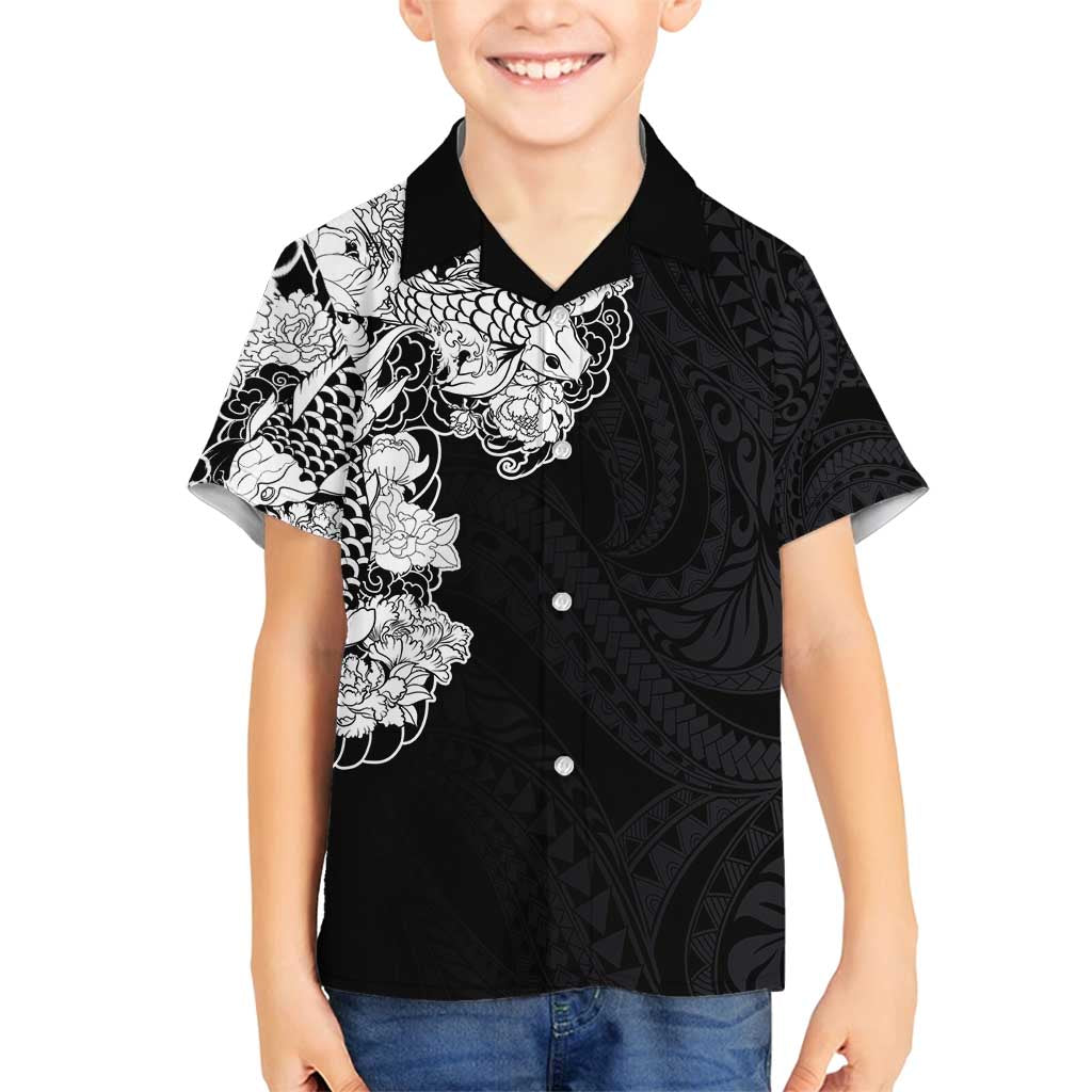 Hawaiian and Japanese Together Family Matching Summer Maxi Dress and Hawaiian Shirt Japanese Koi Fish Tattoo and Kakau Pattern Black Color LT03 Son's Shirt Black - Polynesian Pride