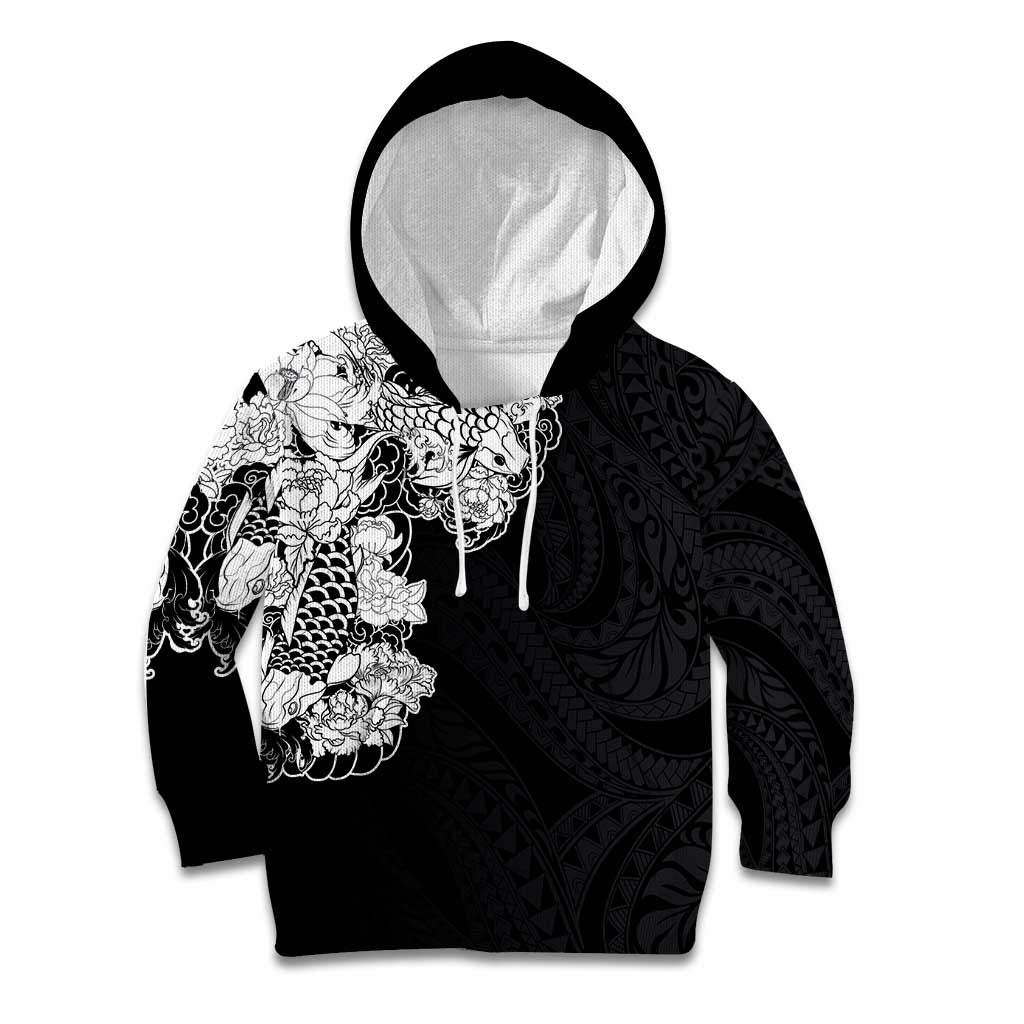 Hawaiian and Japanese Together Kid Hoodie Japanese Koi Fish Tattoo and Kakau Pattern Black Color