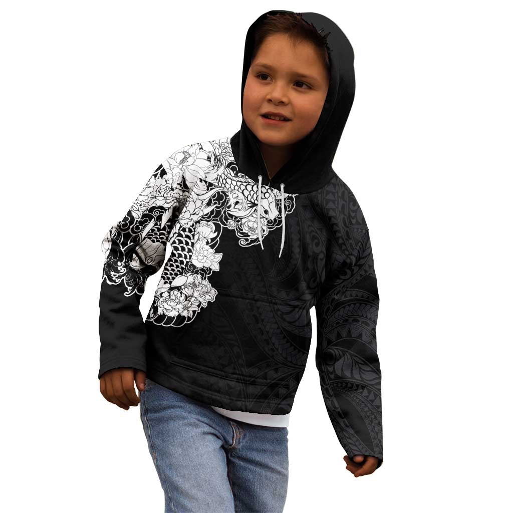 Hawaiian and Japanese Together Kid Hoodie Japanese Koi Fish Tattoo and Kakau Pattern Black Color