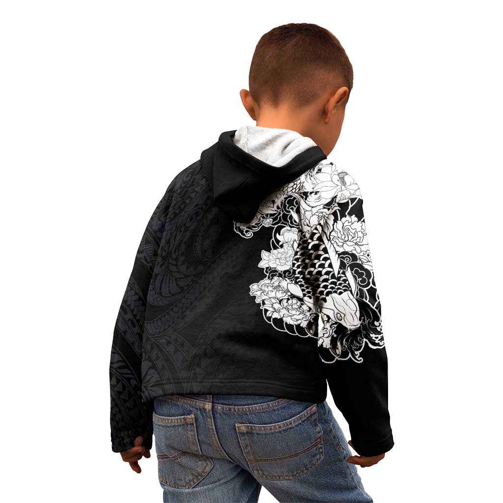 Hawaiian and Japanese Together Kid Hoodie Japanese Koi Fish Tattoo and Kakau Pattern Black Color