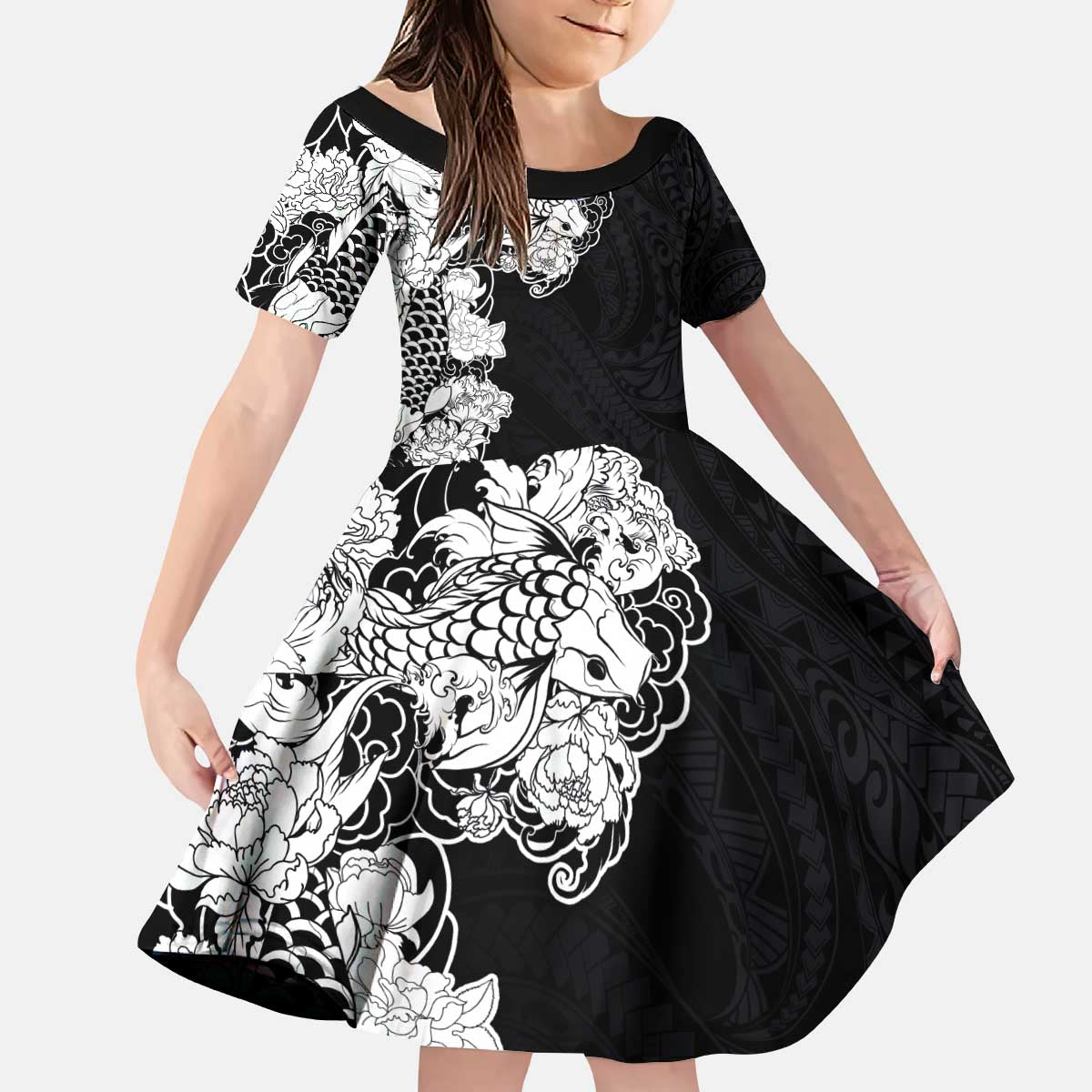 Hawaiian and Japanese Together Kid Short Sleeve Dress Japanese Koi Fish Tattoo and Kakau Pattern Black Color