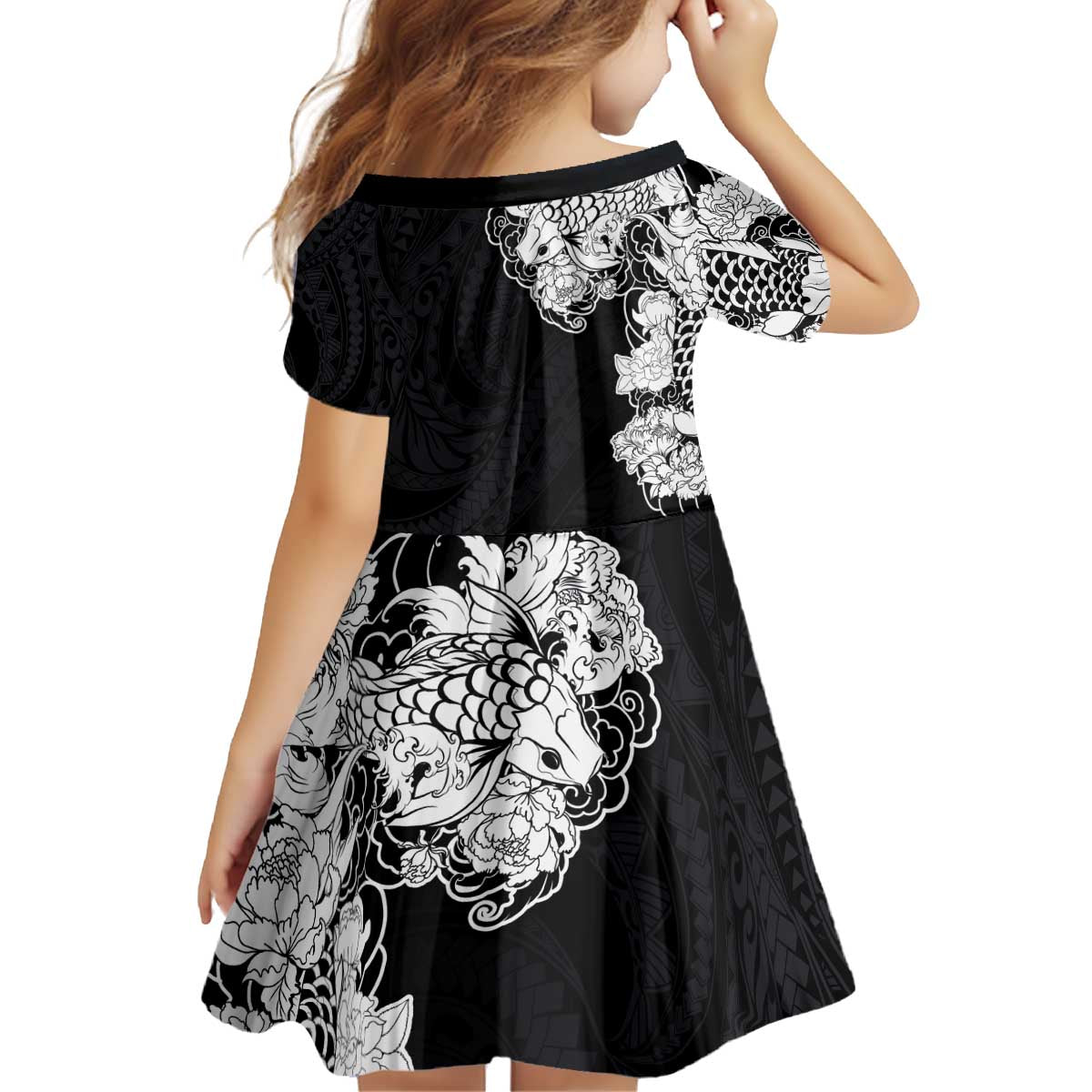 Hawaiian and Japanese Together Kid Short Sleeve Dress Japanese Koi Fish Tattoo and Kakau Pattern Black Color