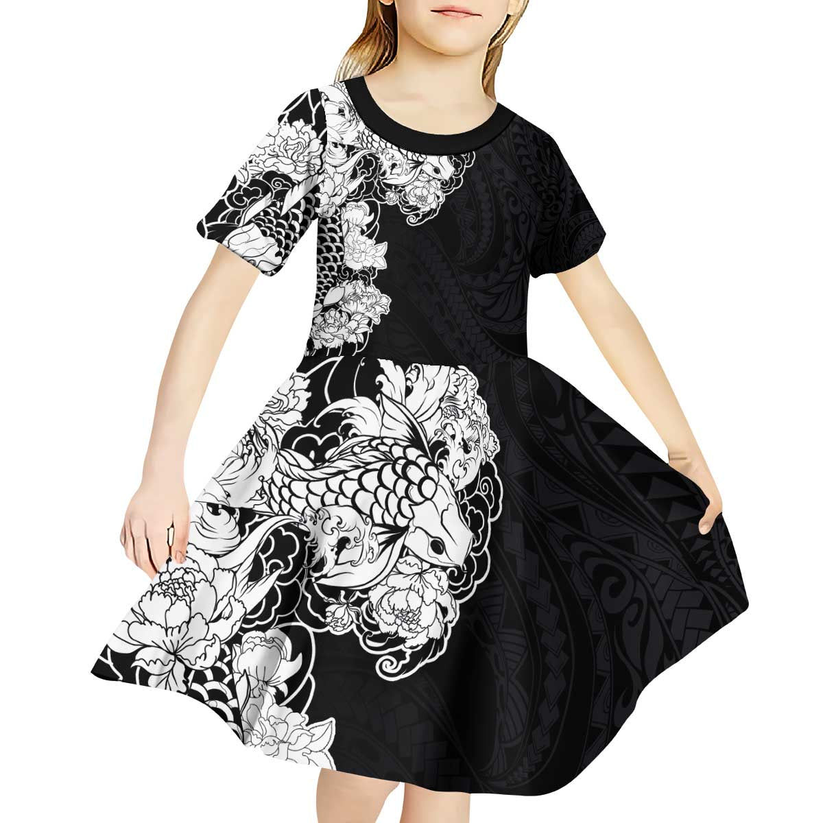 Hawaiian and Japanese Together Kid Short Sleeve Dress Japanese Koi Fish Tattoo and Kakau Pattern Black Color