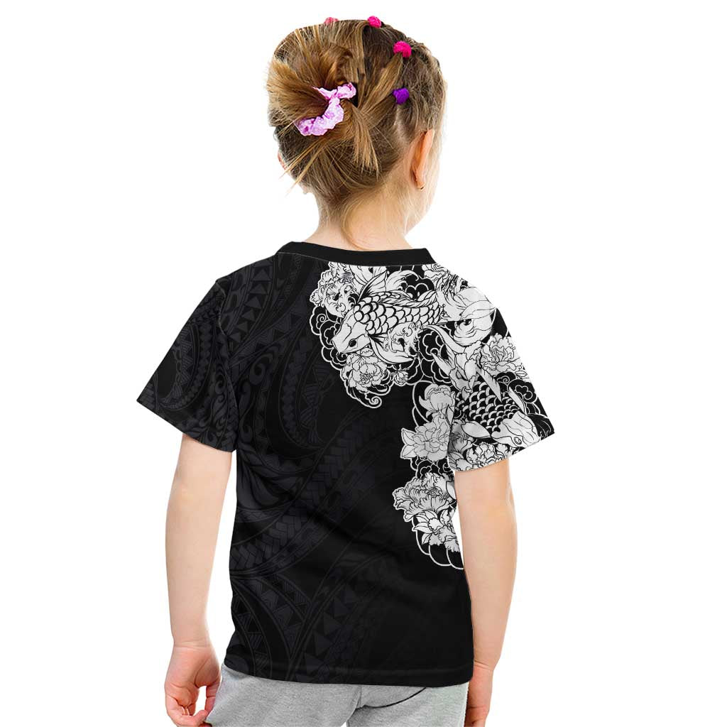Hawaiian and Japanese Together Kid T Shirt Japanese Koi Fish Tattoo and Kakau Pattern Black Color