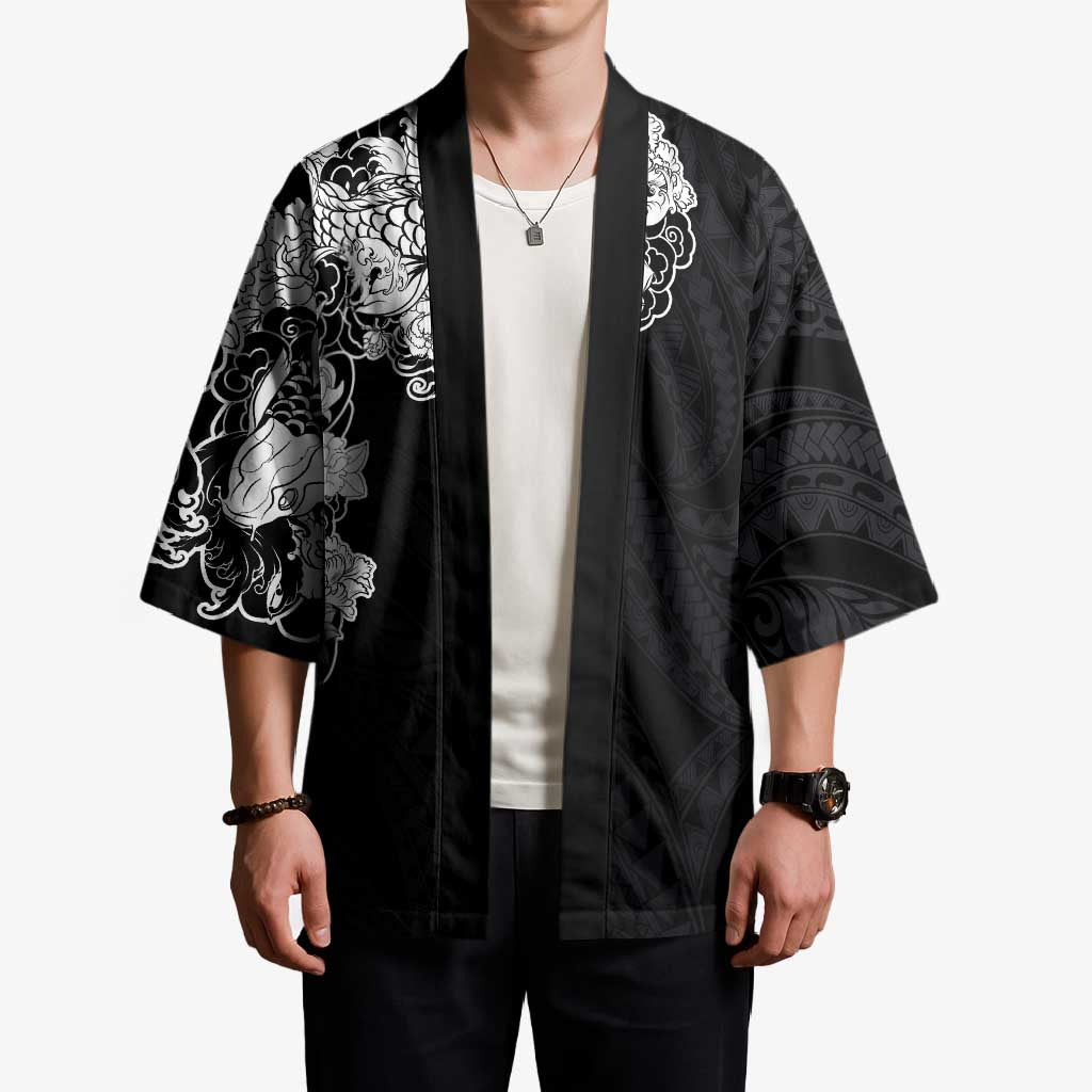 Hawaiian and Japanese Together Kimono Japanese Koi Fish Tattoo and Kakau Pattern Black Color - Polynesian Pride