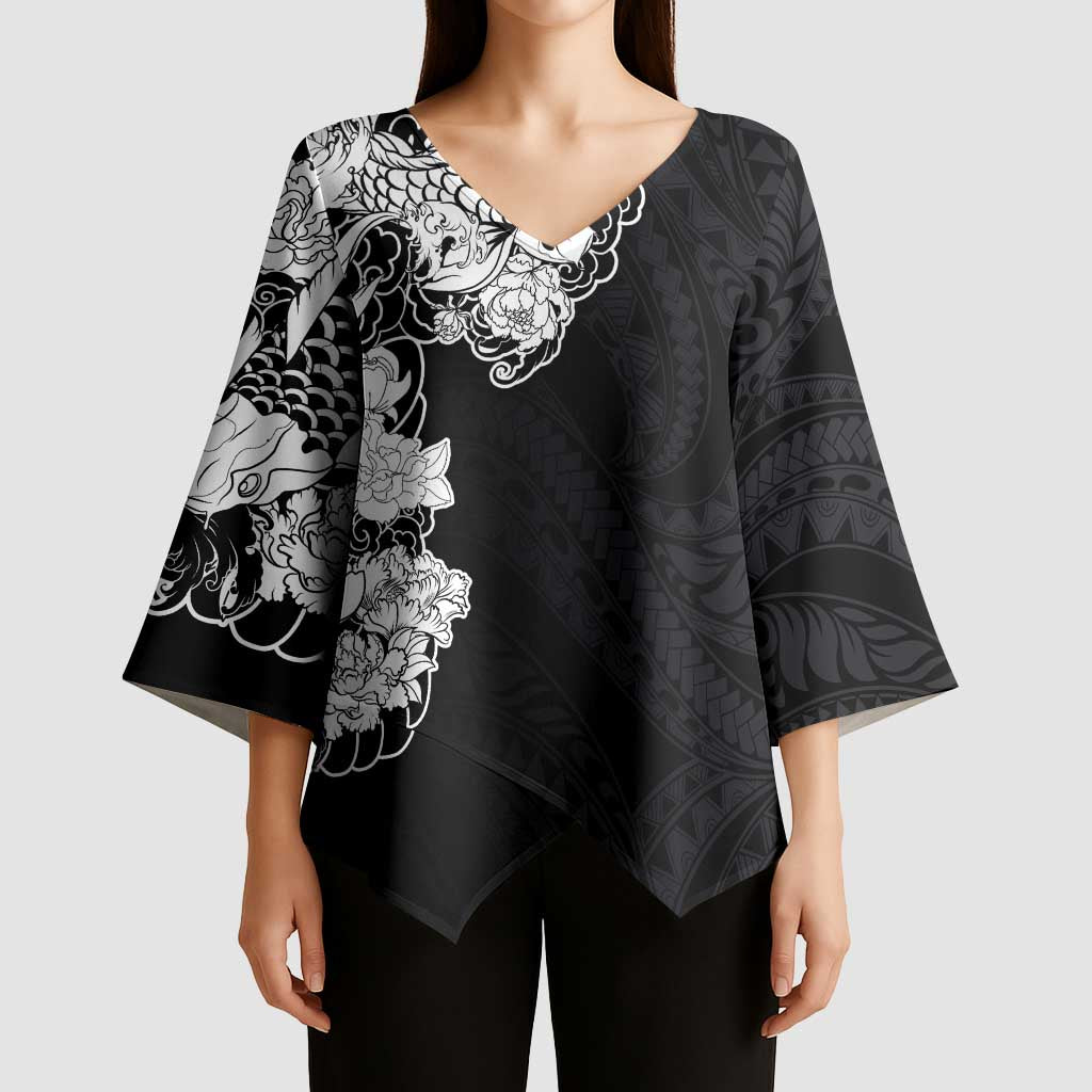 Hawaiian and Japanese Together Kimono Sleeve Blouse Japanese Koi Fish Tattoo and Kakau Pattern Black Color - Polynesian Pride