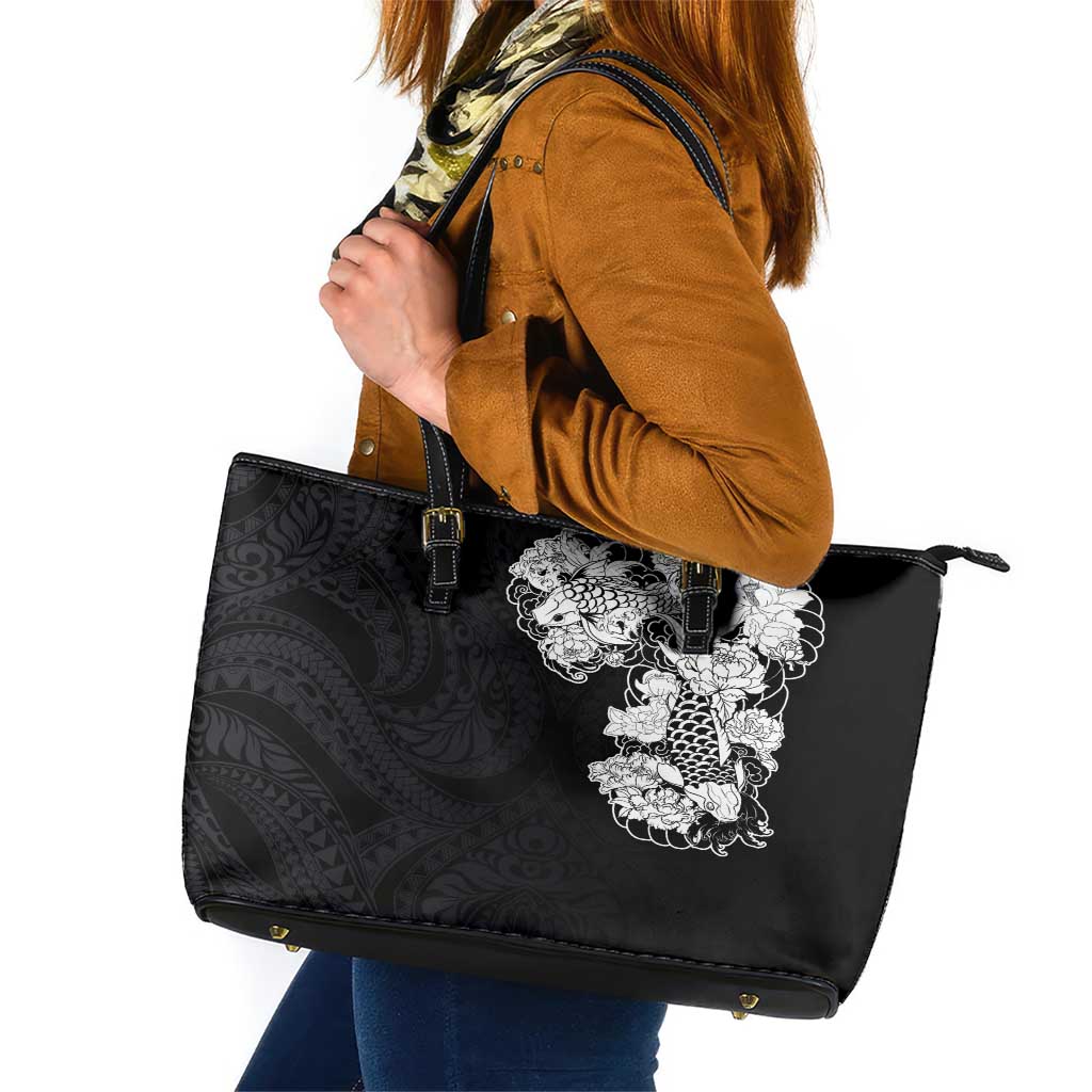 Hawaiian and Japanese Together Leather Tote Bag Japanese Koi Fish Tattoo and Kakau Pattern Black Color LT03 Black - Polynesian Pride