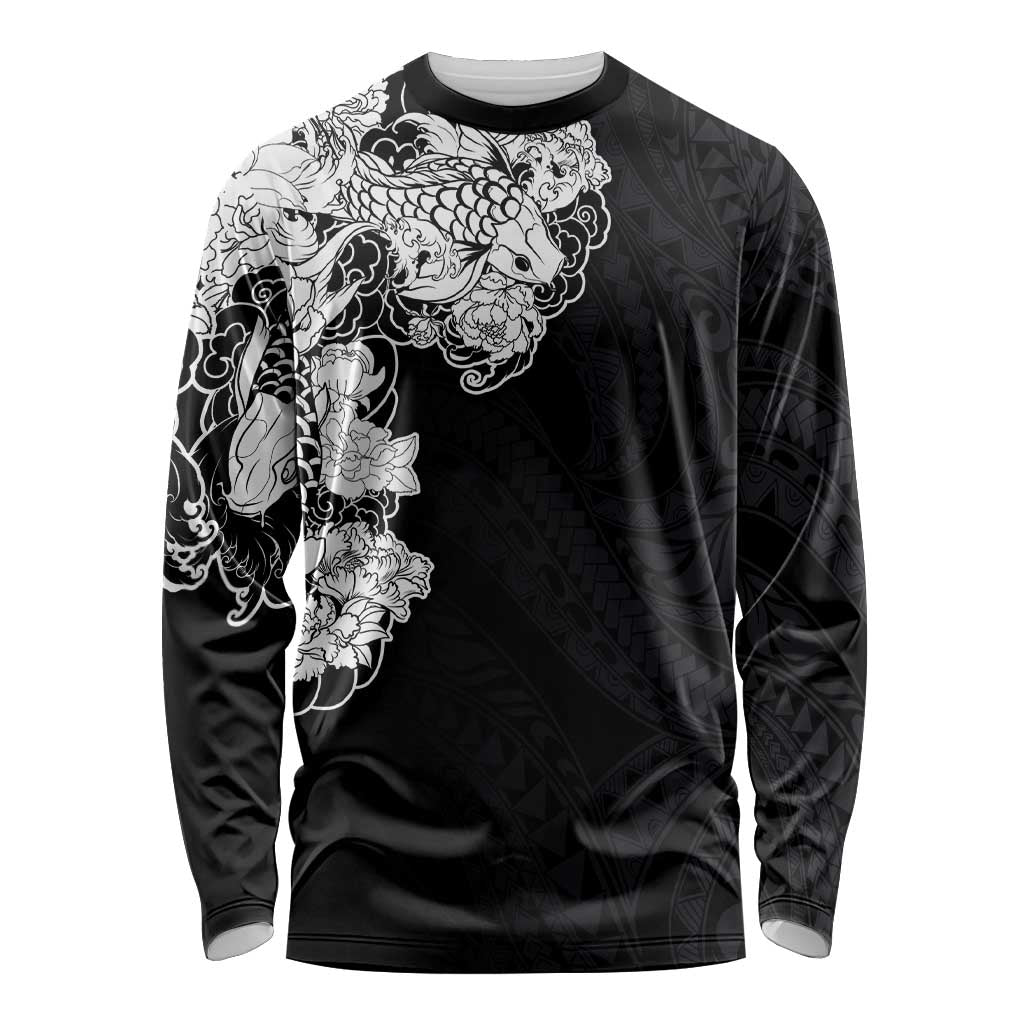 Hawaiian and Japanese Together Long Sleeve Shirt Japanese Koi Fish Tattoo and Kakau Pattern Black Color LT03 Unisex Black - Polynesian Pride