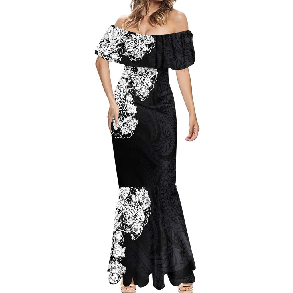 Hawaiian and Japanese Together Mermaid Dress Japanese Koi Fish Tattoo and Kakau Pattern Black Color