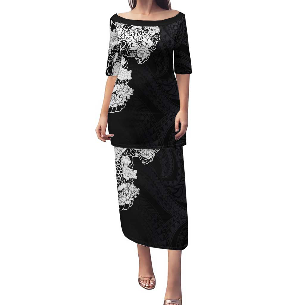 Hawaiian and Japanese Together Puletasi Japanese Koi Fish Tattoo and Kakau Pattern Black Color