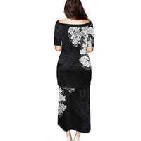 Hawaiian and Japanese Together Puletasi Japanese Koi Fish Tattoo and Kakau Pattern Black Color