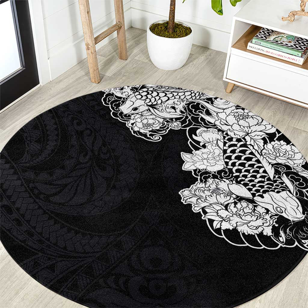 Hawaiian and Japanese Together Round Carpet Japanese Koi Fish Tattoo and Kakau Pattern Black Color LT03 Black - Polynesian Pride