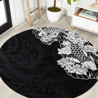 Hawaiian and Japanese Together Round Carpet Japanese Koi Fish Tattoo and Kakau Pattern Black Color LT03 Black - Polynesian Pride