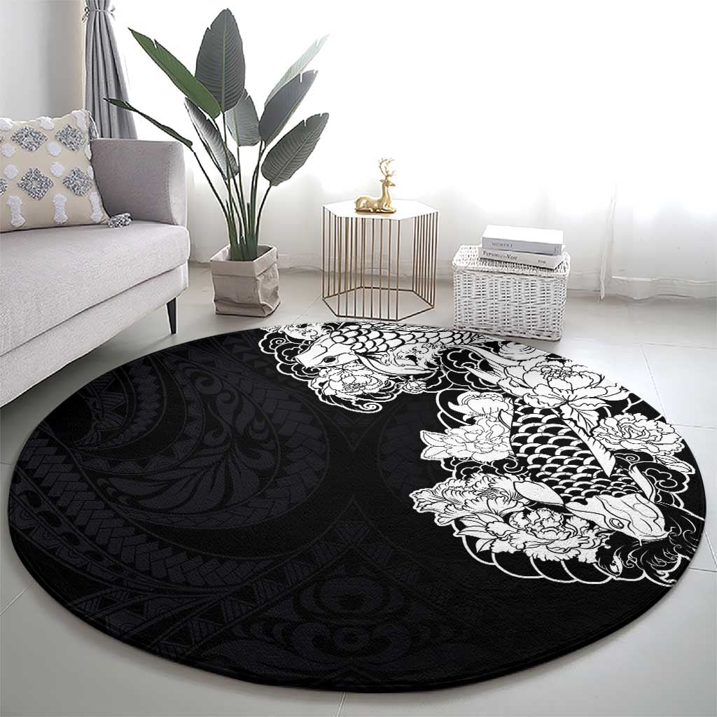 Hawaiian and Japanese Together Round Carpet Japanese Koi Fish Tattoo and Kakau Pattern Black Color LT03 - Polynesian Pride