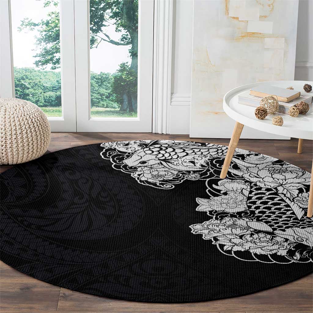 Hawaiian and Japanese Together Round Carpet Japanese Koi Fish Tattoo and Kakau Pattern Black Color LT03 - Polynesian Pride