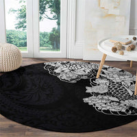 Hawaiian and Japanese Together Round Carpet Japanese Koi Fish Tattoo and Kakau Pattern Black Color LT03 - Polynesian Pride