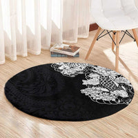 Hawaiian and Japanese Together Round Carpet Japanese Koi Fish Tattoo and Kakau Pattern Black Color LT03 - Polynesian Pride