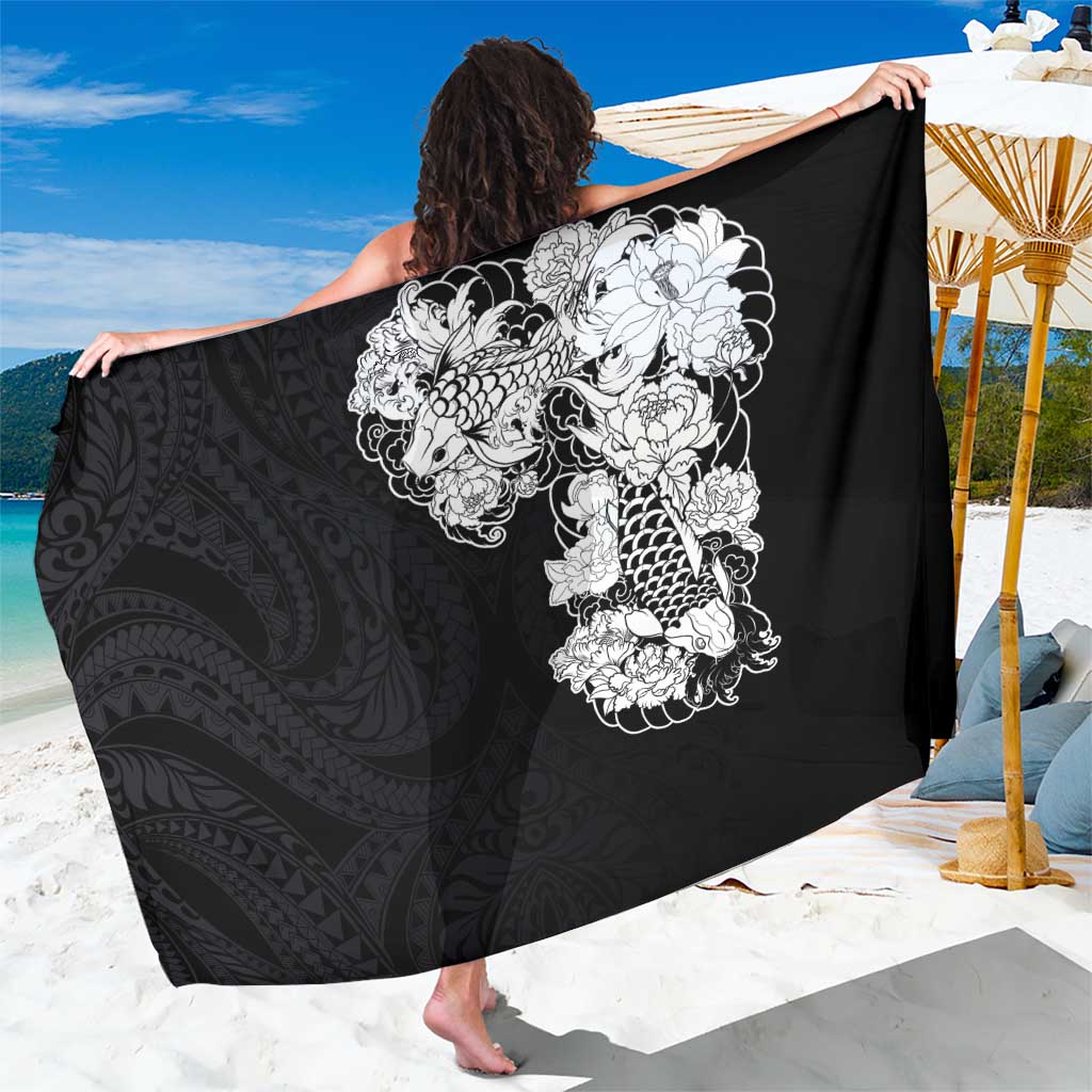 Hawaiian and Japanese Together Sarong Japanese Koi Fish Tattoo and Kakau Pattern Black Color LT03 One Size 44 x 66 inches Black - Polynesian Pride