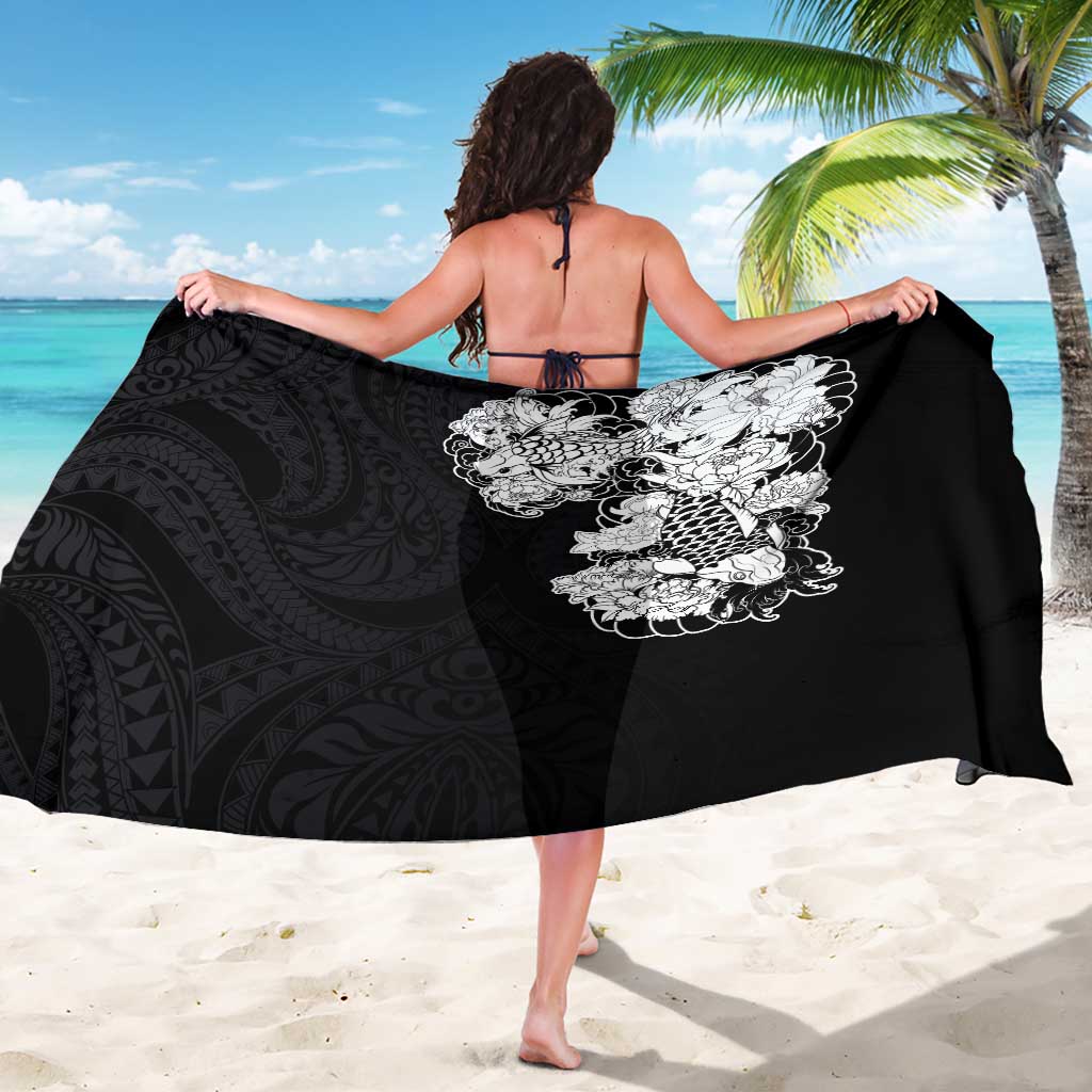 Hawaiian and Japanese Together Sarong Japanese Koi Fish Tattoo and Kakau Pattern Black Color