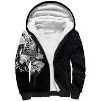 Hawaiian and Japanese Together Sherpa Hoodie Japanese Koi Fish Tattoo and Kakau Pattern Black Color
