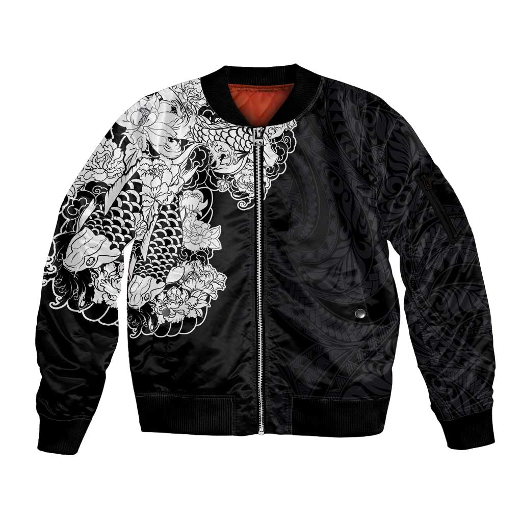 Hawaiian and Japanese Together Sleeve Zip Bomber Jacket Japanese Koi Fish Tattoo and Kakau Pattern Black Color LT03 Unisex Black - Polynesian Pride