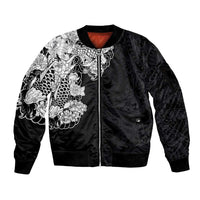 Hawaiian and Japanese Together Sleeve Zip Bomber Jacket Japanese Koi Fish Tattoo and Kakau Pattern Black Color LT03 Unisex Black - Polynesian Pride