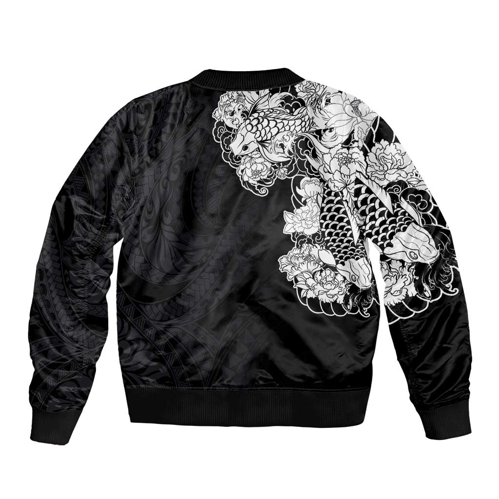 Hawaiian and Japanese Together Sleeve Zip Bomber Jacket Japanese Koi Fish Tattoo and Kakau Pattern Black Color LT03 - Polynesian Pride