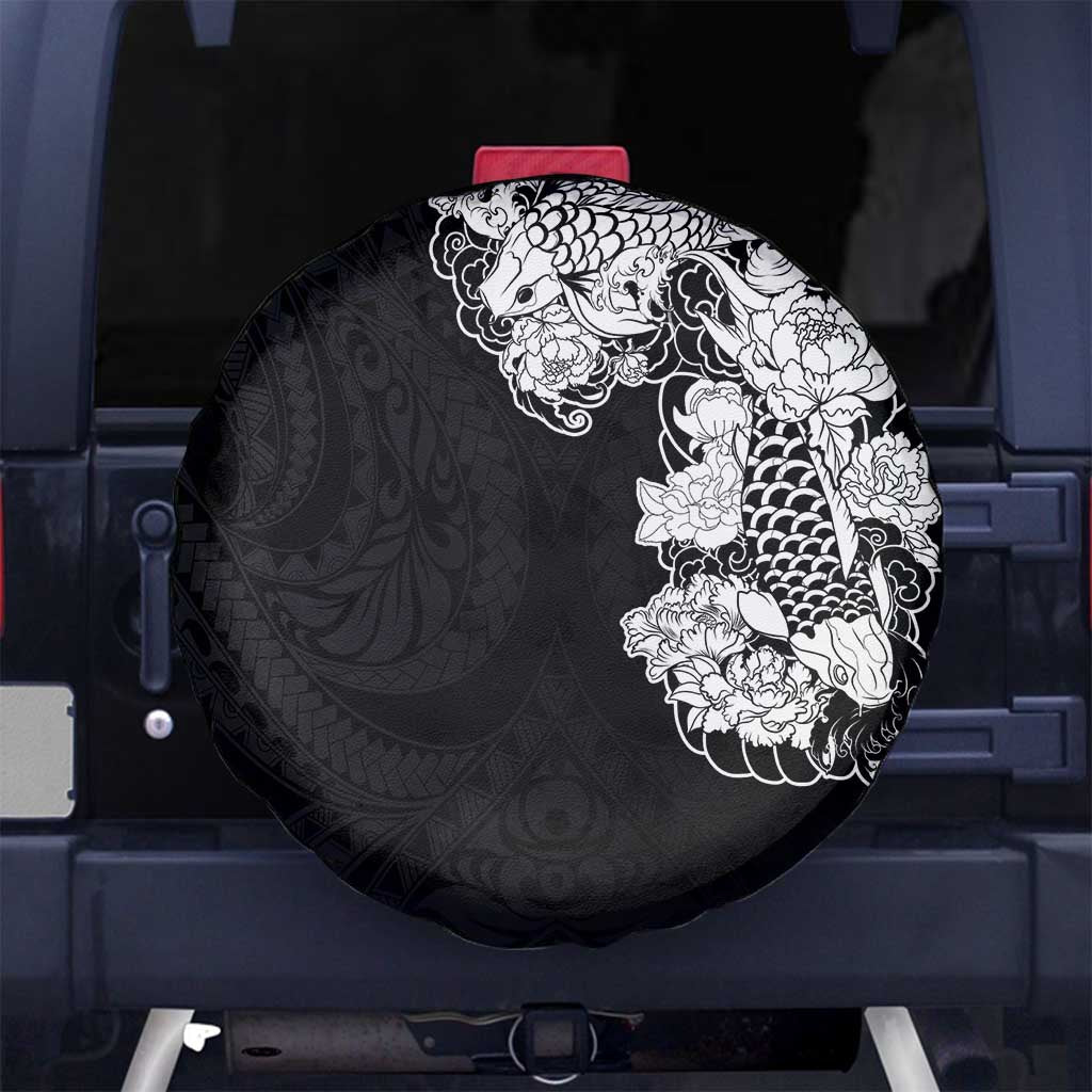 Hawaiian and Japanese Together Spare Tire Cover Japanese Koi Fish Tattoo and Kakau Pattern Black Color