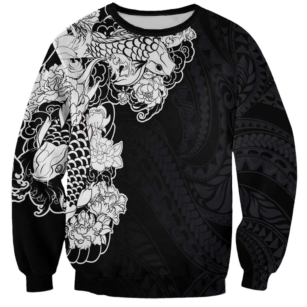Hawaiian and Japanese Together Sweatshirt Japanese Koi Fish Tattoo and Kakau Pattern Black Color LT03 Unisex Black - Polynesian Pride