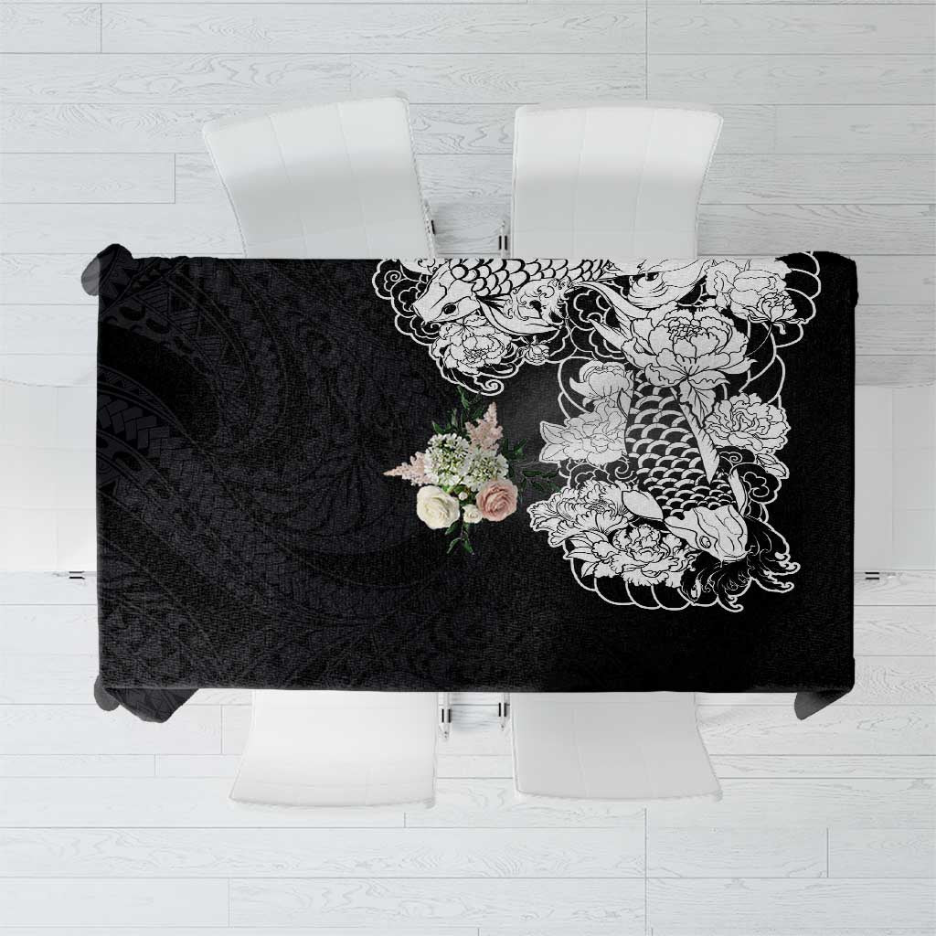 Hawaiian and Japanese Together Tablecloth Japanese Koi Fish Tattoo and Kakau Pattern Black Color LT03 Black - Polynesian Pride