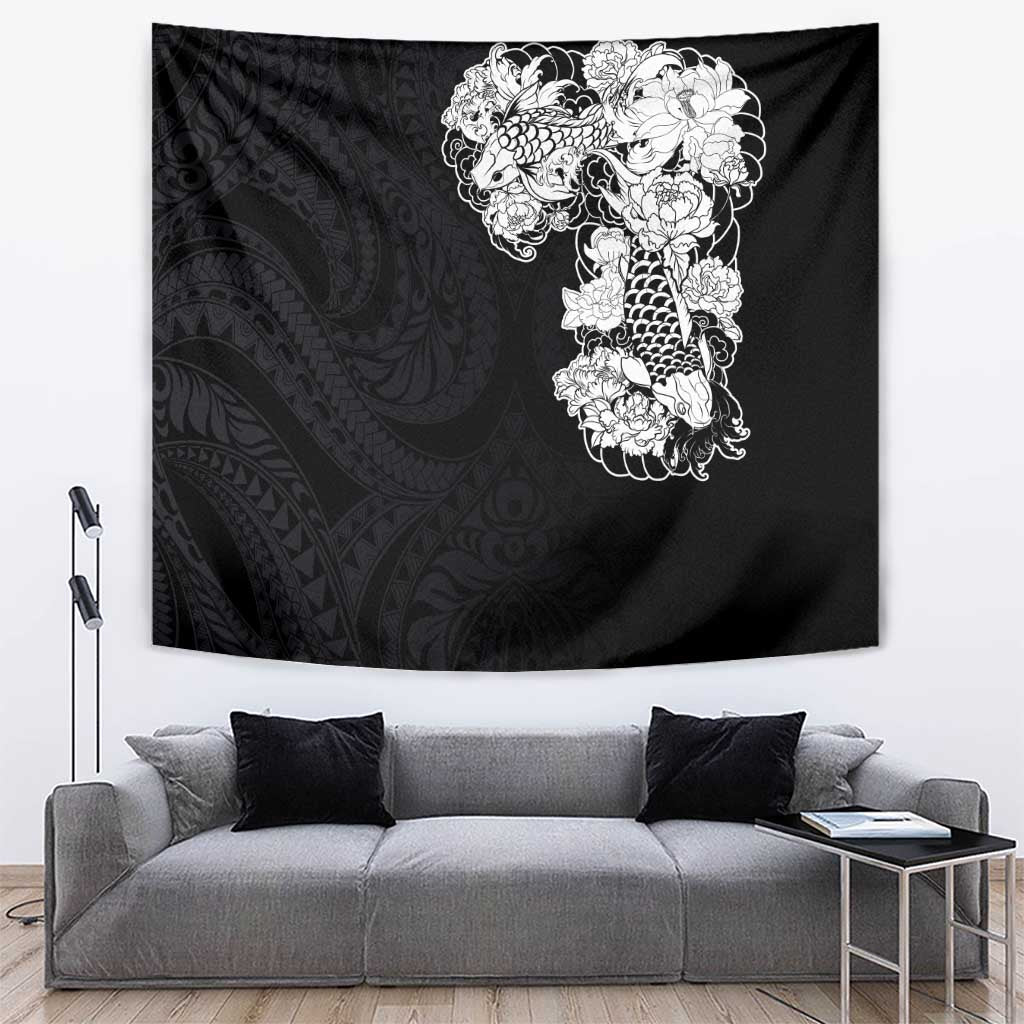 Hawaiian and Japanese Together Tapestry Japanese Koi Fish Tattoo and Kakau Pattern Black Color LT03 Black - Polynesian Pride