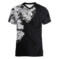 Hawaiian and Japanese Together Women V-Neck T-Shirt Japanese Koi Fish Tattoo and Kakau Pattern Black Color