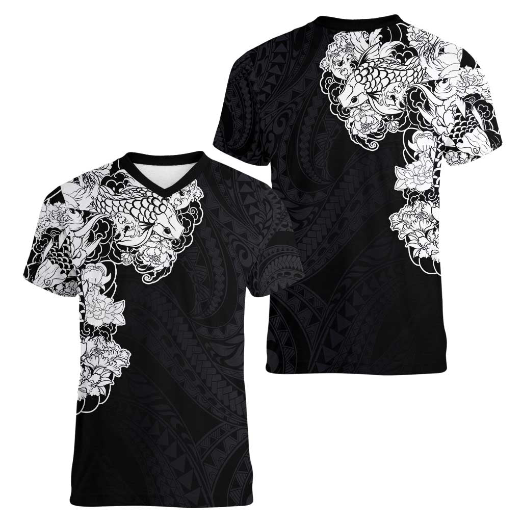 Hawaiian and Japanese Together Women V-Neck T-Shirt Japanese Koi Fish Tattoo and Kakau Pattern Black Color
