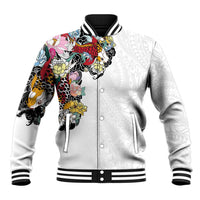 Hawaiian and Japanese Together Baseball Jacket Colorful Traditional Japanese Tattoo and Kakau Pattern White Color