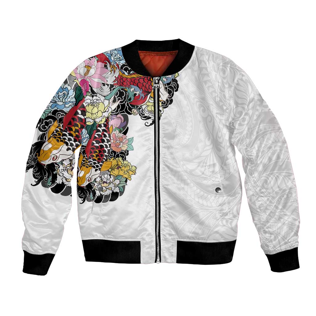 Hawaiian and Japanese Together Bomber Jacket Colorful Traditional Japanese Tattoo and Kakau Pattern White Color LT03 Unisex White - Polynesian Pride
