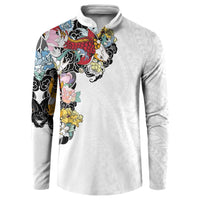 Hawaiian and Japanese Together Button Sweatshirt Colorful Traditional Japanese Tattoo and Kakau Pattern White Color