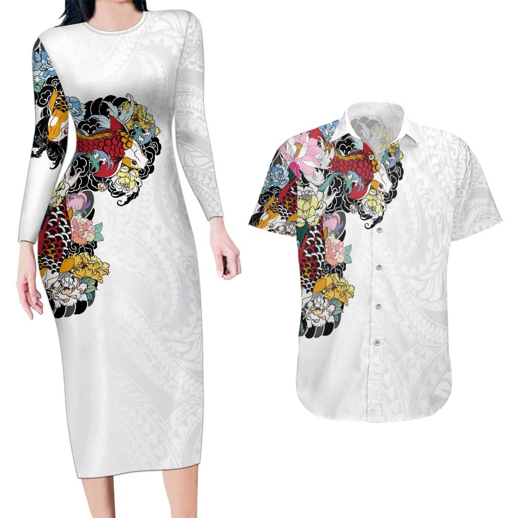 Hawaiian and Japanese Together Couples Matching Long Sleeve Bodycon Dress and Hawaiian Shirt Colorful Traditional Japanese Tattoo and Kakau Pattern White Color