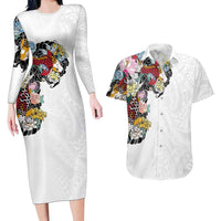 Hawaiian and Japanese Together Couples Matching Long Sleeve Bodycon Dress and Hawaiian Shirt Colorful Traditional Japanese Tattoo and Kakau Pattern White Color