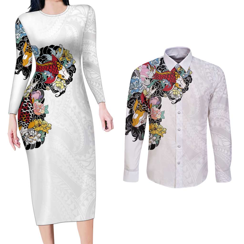 Hawaiian and Japanese Together Couples Matching Long Sleeve Bodycon Dress and Long Sleeve Button Shirt Colorful Traditional Japanese Tattoo and Kakau Pattern White Color LT03 White - Polynesian Pride