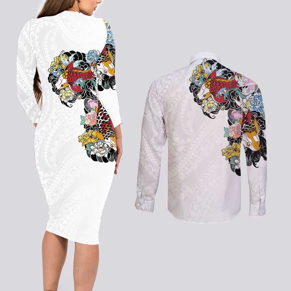 Hawaiian and Japanese Together Couples Matching Long Sleeve Bodycon Dress and Long Sleeve Button Shirt Colorful Traditional Japanese Tattoo and Kakau Pattern White Color