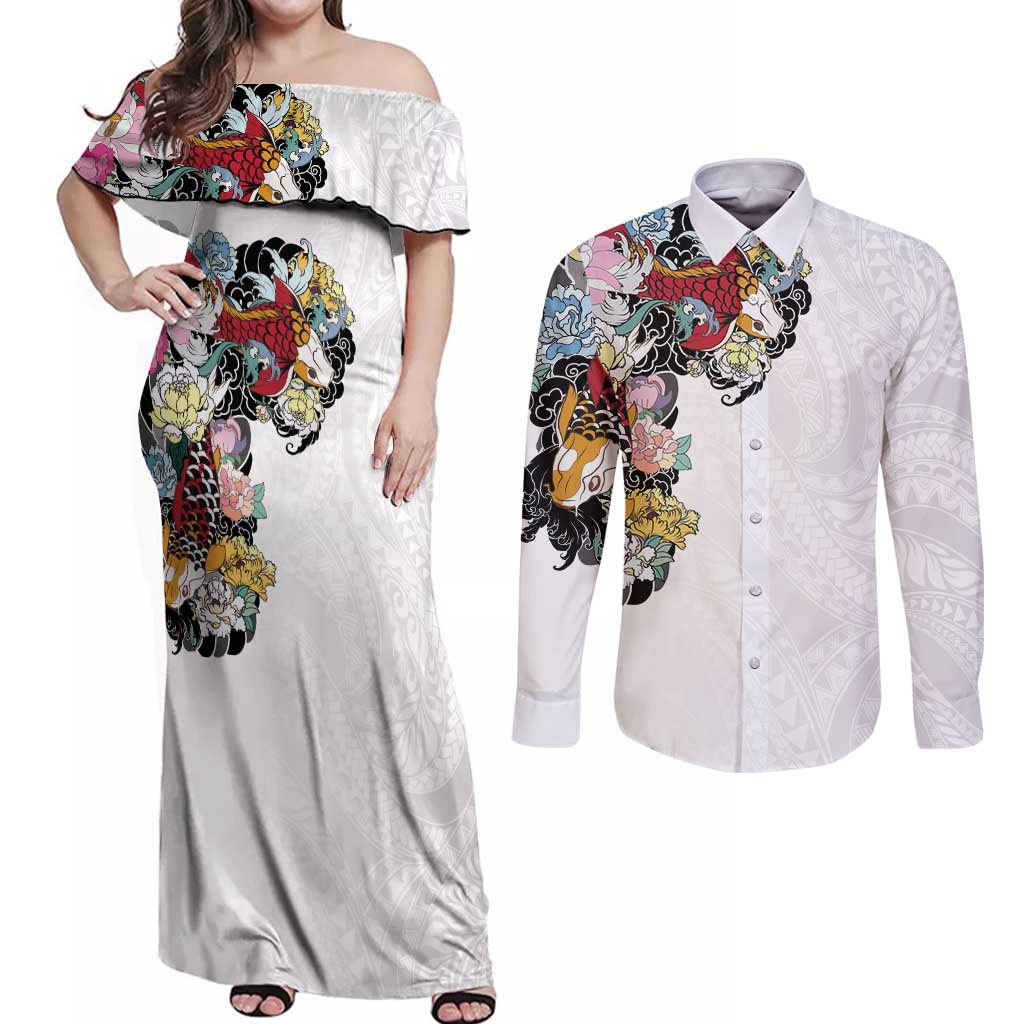 Hawaiian and Japanese Together Couples Matching Off Shoulder Maxi Dress and Long Sleeve Button Shirt Colorful Traditional Japanese Tattoo and Kakau Pattern White Color LT03 White - Polynesian Pride