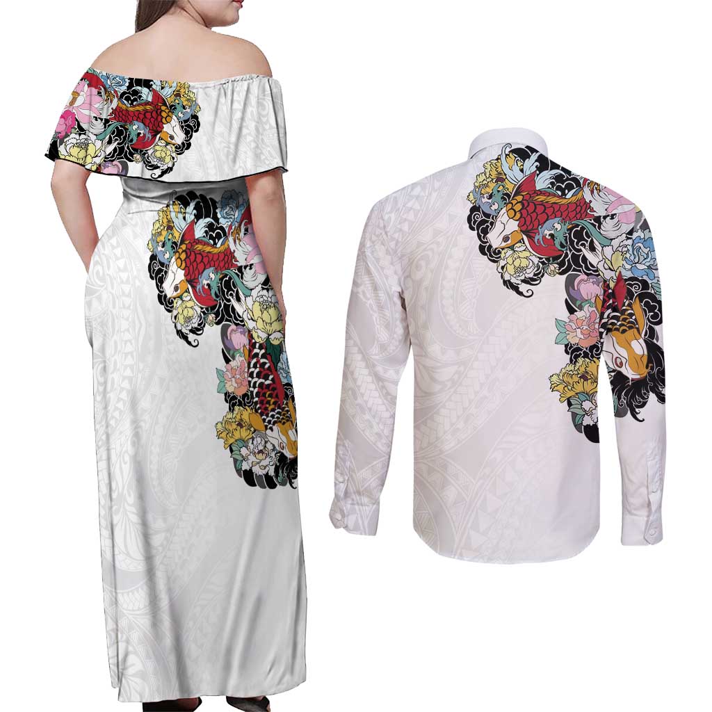 Hawaiian and Japanese Together Couples Matching Off Shoulder Maxi Dress and Long Sleeve Button Shirt Colorful Traditional Japanese Tattoo and Kakau Pattern White Color