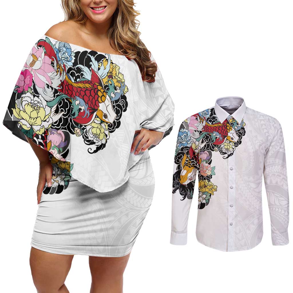 Hawaiian and Japanese Together Couples Matching Off Shoulder Short Dress and Long Sleeve Button Shirt Colorful Traditional Japanese Tattoo and Kakau Pattern White Color LT03 White - Polynesian Pride