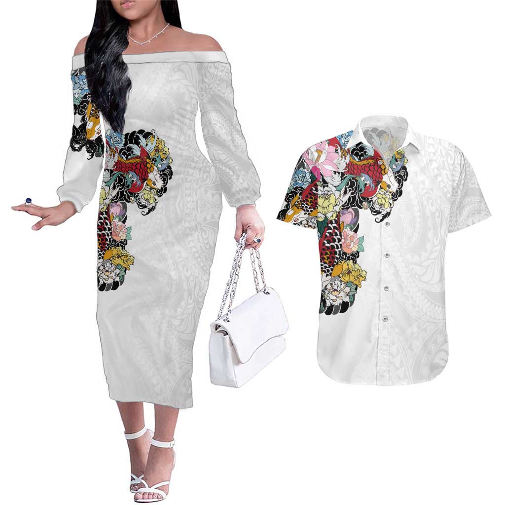 Hawaiian and Japanese Together Couples Matching Off The Shoulder Long Sleeve Dress and Hawaiian Shirt Colorful Traditional Japanese Tattoo and Kakau Pattern White Color LT03 White - Polynesian Pride