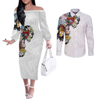 Hawaiian and Japanese Together Couples Matching Off The Shoulder Long Sleeve Dress and Long Sleeve Button Shirt Colorful Traditional Japanese Tattoo and Kakau Pattern White Color